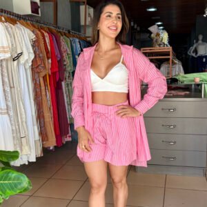 Conjunto em Tricoline Listrado Rosa Tamanho P M G